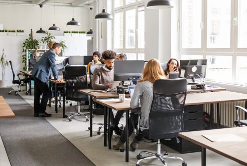 Business people working at desks. Male and female professionals working in modern office space.